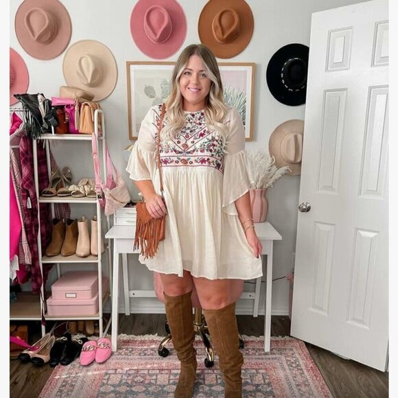 Umgee The Lily Dress Boho Embroidered Gauze Flowy 3/4 Sleeve Mini Dress Size L - Picture 5 of 10